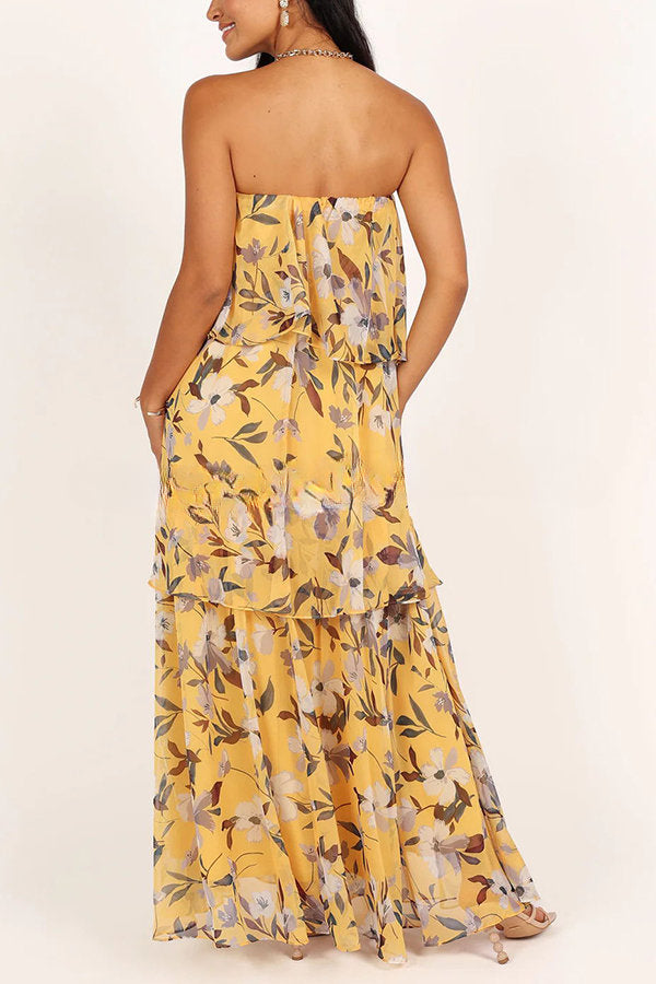 Sweet and Charming Printed Strapless Drop Tiered Ruffle Maxi Dress