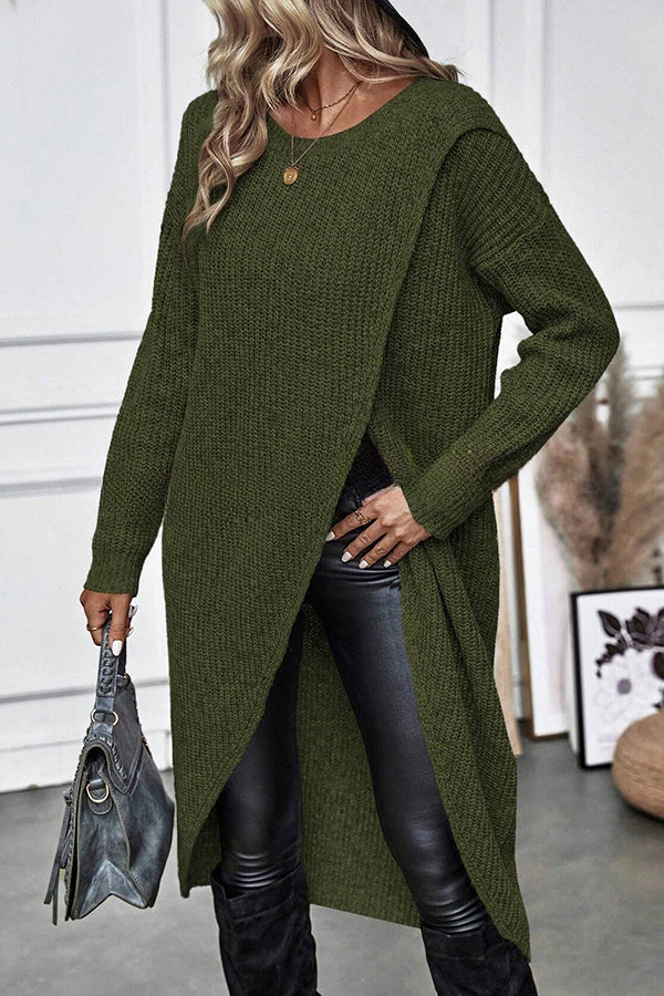 Essence Solid Wrap Hem Knitted Long Sleeve Midi Sweater