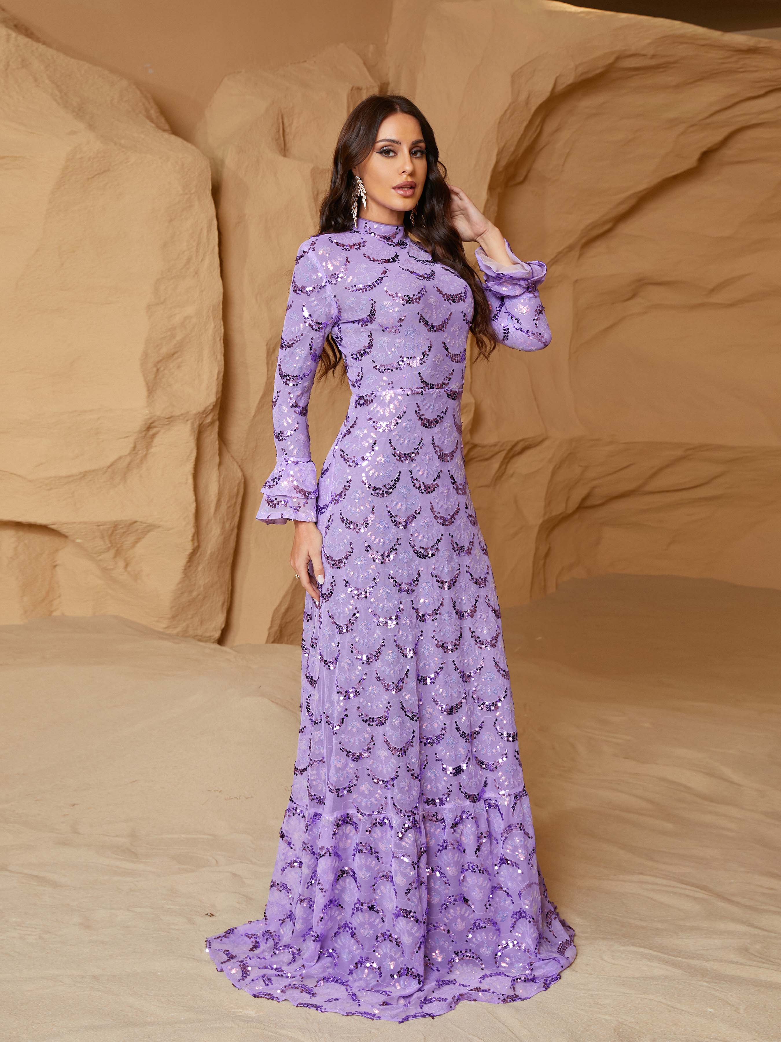 Bell Sleeve A-Line Sequin Purple Formal Dress RJ11091