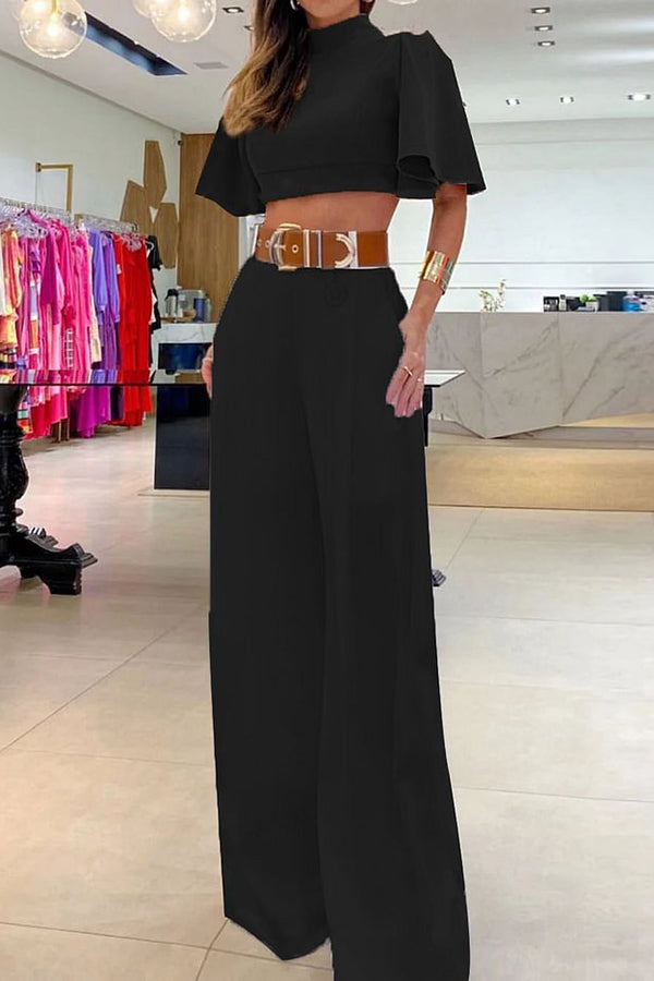 Natti Bell Sleeve Crop Top and Pocketed Wide Leg Pants Set