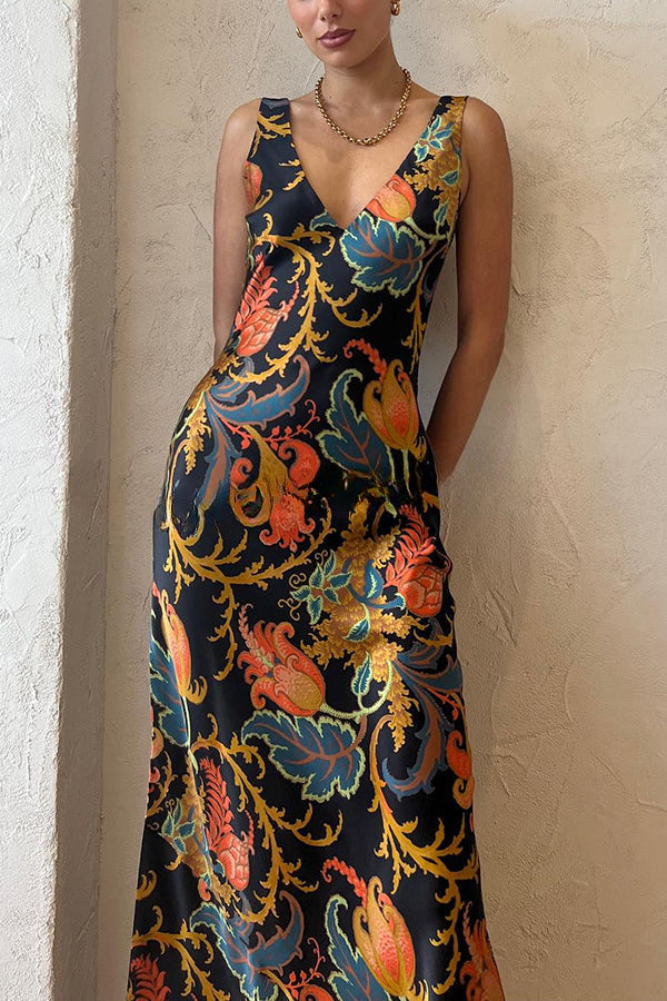 Forever Mine Satin Exclusive Botanical Print Slip Maxi Dress