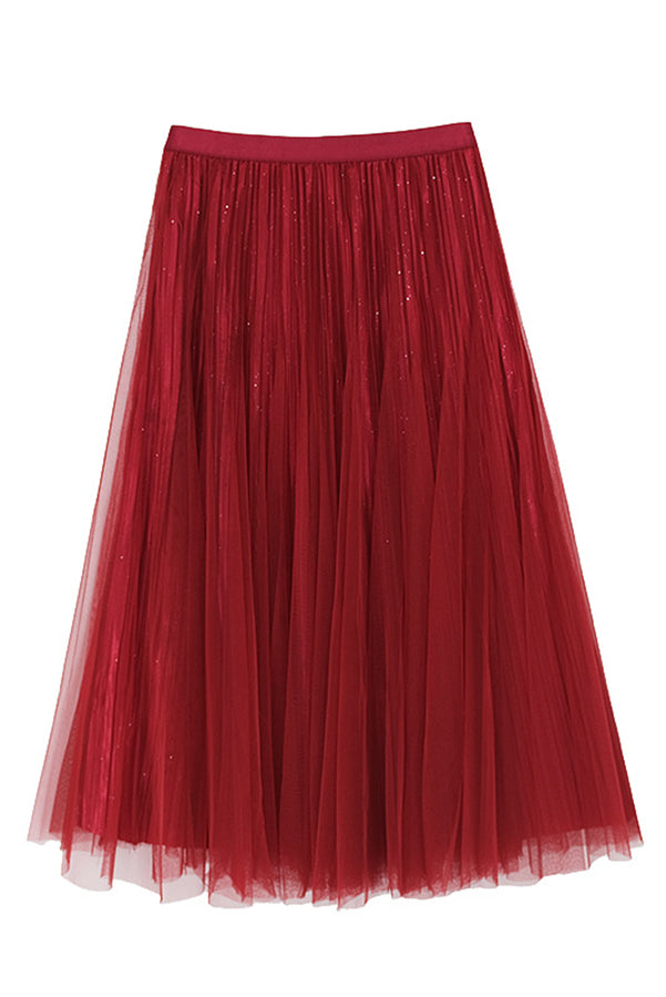 Ravishing Shiny Fabric Mesh Tulle Elastic Waist Midi Skirt