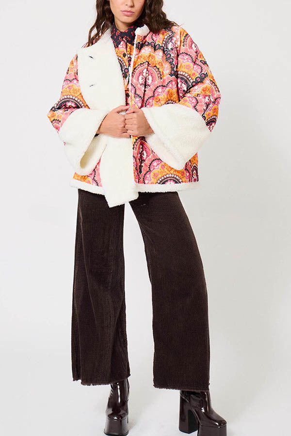 Cute Vintage Print Fleece Quilted Oversize Kimono Jacket