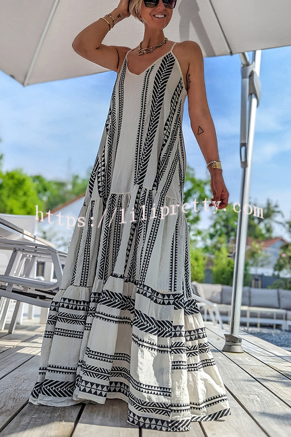 Away on Vacay Ethnic Print A-line Cami Maxi Dress