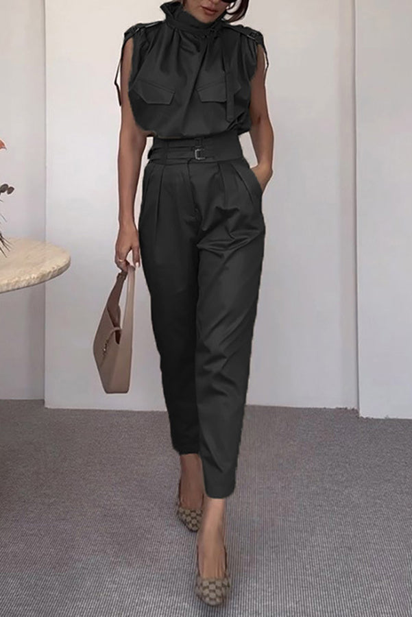 Statement Breast Pocket Top and Side Pocket Belt Long Pant Set