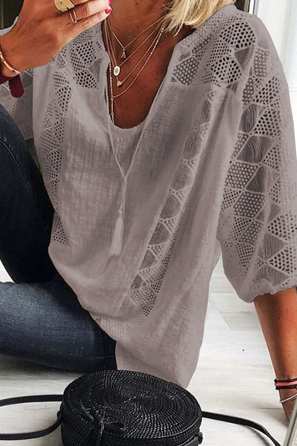 Cotton Linen Blend Patchwork Hollow Out Tassel Blouse