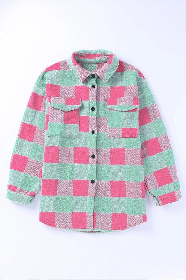 Pink Plaid Colorblock Casual Oversized Jacket