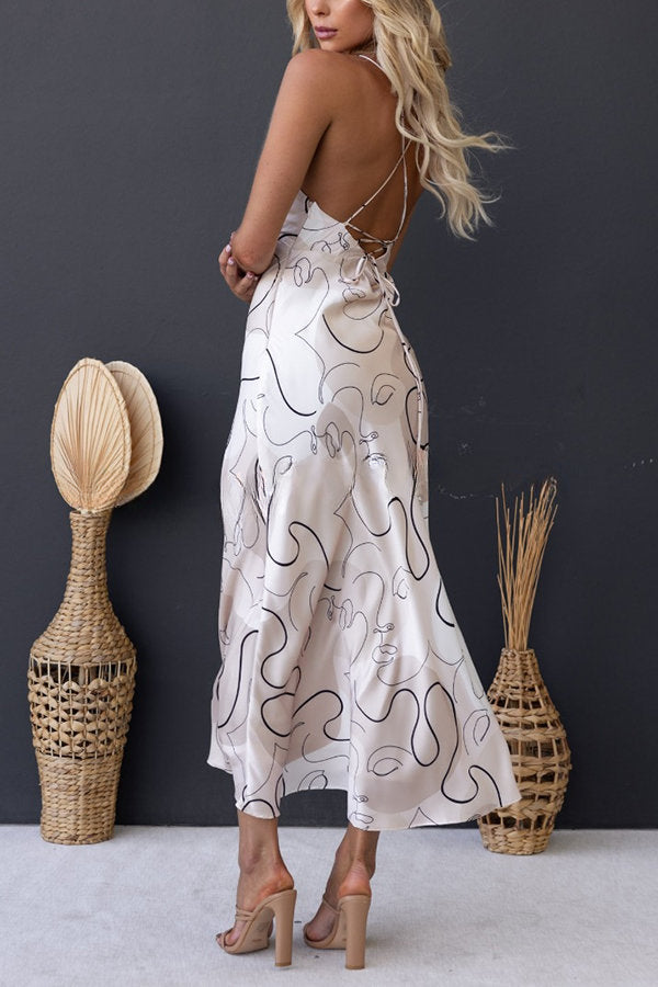 London Style Abstract Line Print Back Lace-up Satin Midi Dress