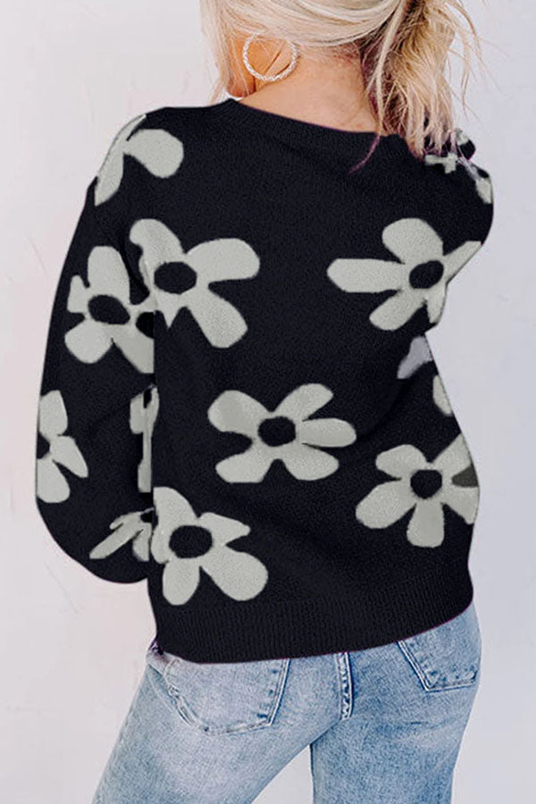 Floral Print Knitted Long Sleeve Pullover Sweater