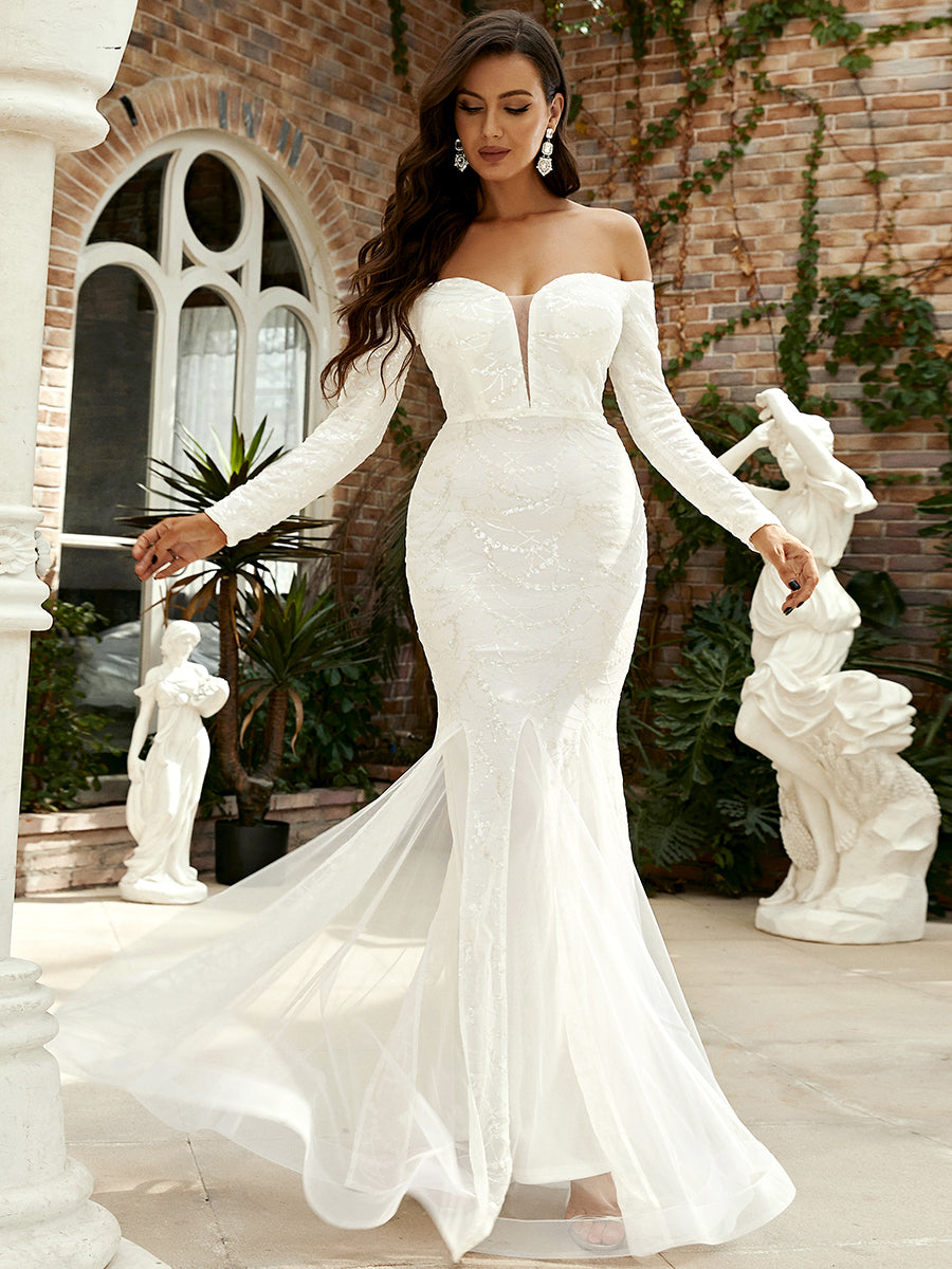 Off Shoulder Long Sleeve Mermaid Hem Sequin Wedding Dress XJ1718