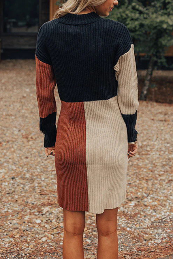 Winter Latte Knit Color Block Mock Neckline Sweater Mini Dress