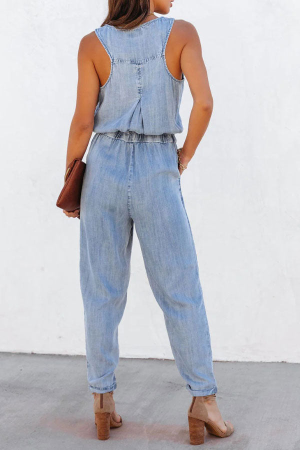 Casual Washed Waist Belt Denim Jumpsuit