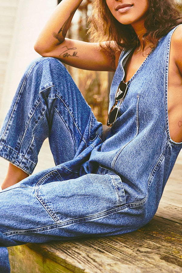 Pocket V Neck Suspender Denim Jumpsuit