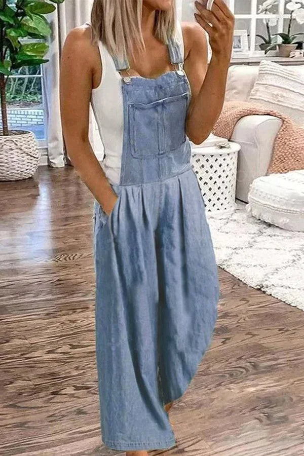 Neveah Denim Pocket Wide Leg Overall