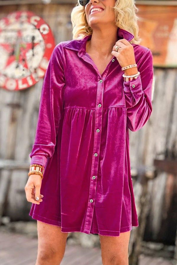 Long Sleeve Ruffle Velvet Button Up Shirt Dress