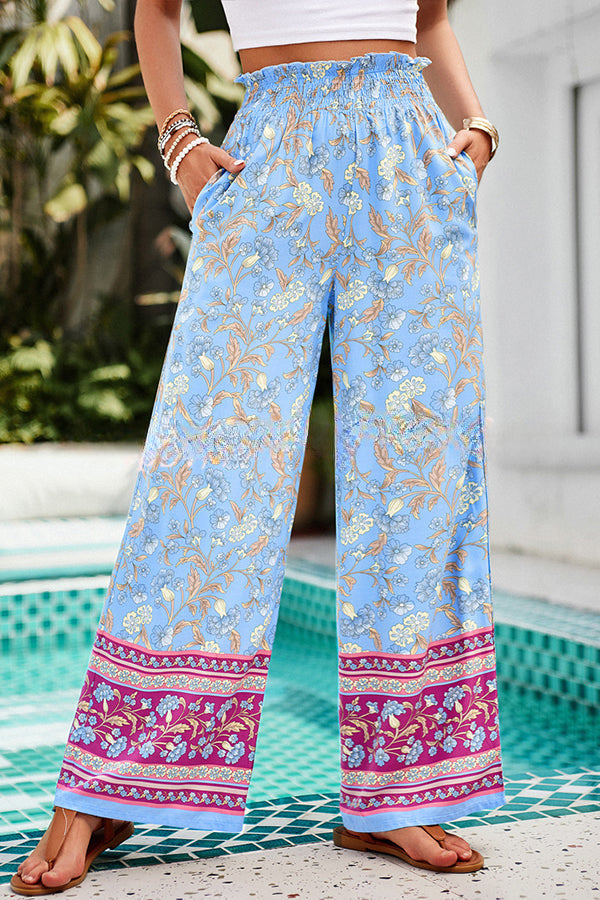 Floral Print Stretch Waist Pocket Wide Leg Pants