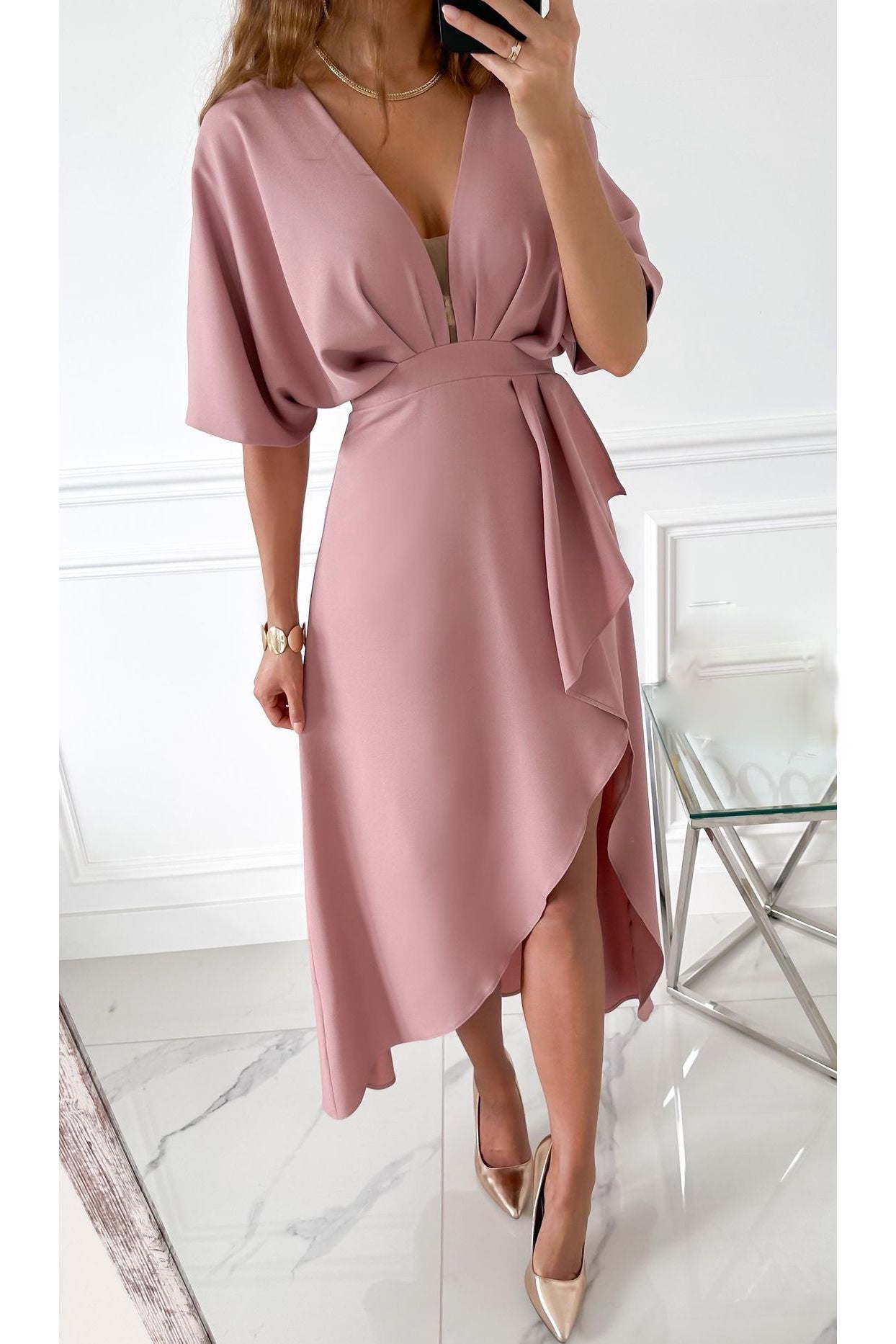 Single Tonight Dolman Sleeve Ruffled Hem Slit Midi Dress