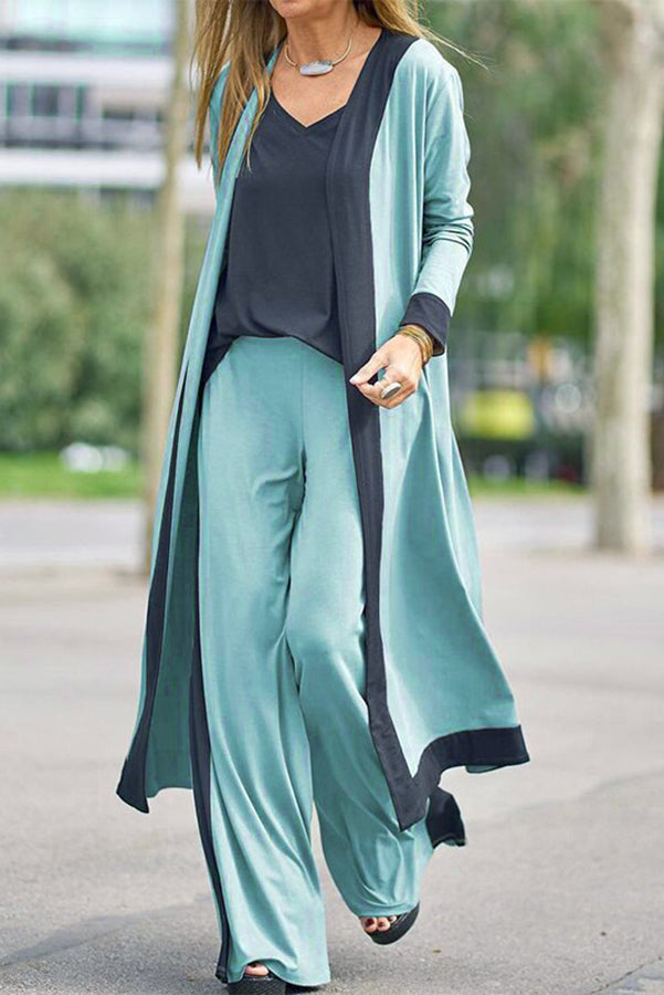 Contrasting Color Sleeveless Vest Long Sleeve Cardigan Jacket Long Pants Three Piece Set