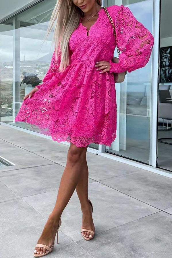 Luxe Debut Floral Crochet Lace Lantern Sleeve Mini Dress