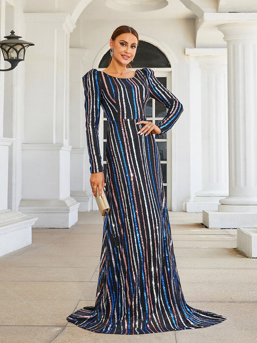 Crew Neck Striped Sequin Blue Evening Dress XJ1966