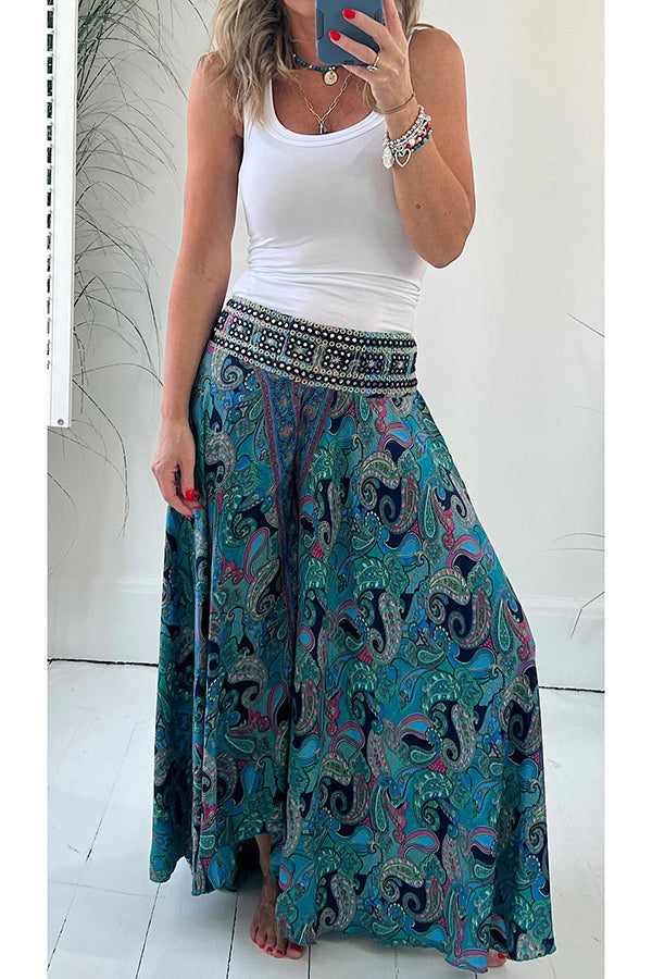 Ethnic Paisley Print Elastic Patchwork Waist Pocketed Lightweight Pants