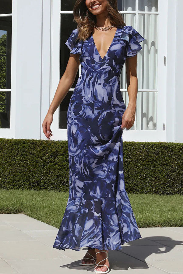 Lover By Day Swirl Pattern Flutter Sleeve Maxi Dress