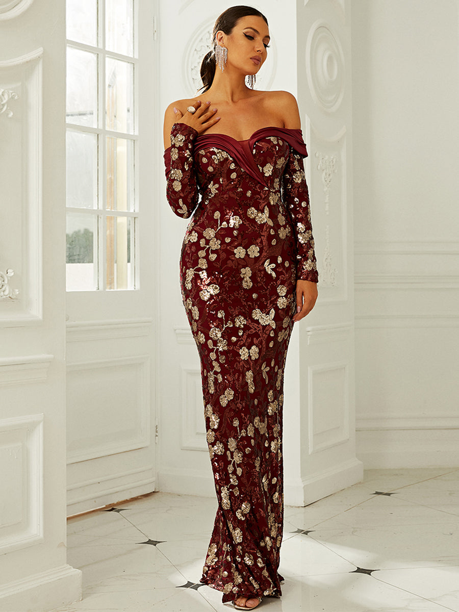 Sequin Floral Pattern Off Shoulder Floor Length Formal Dress XH2192