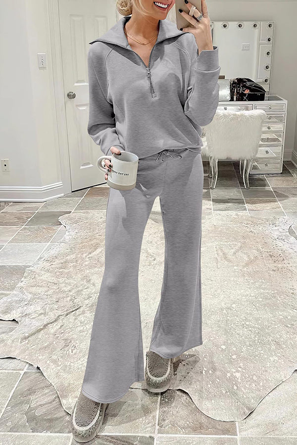 Comfy and Cute Zipper Pullover and Elastic Waist Pocket Lounge Pants Suit