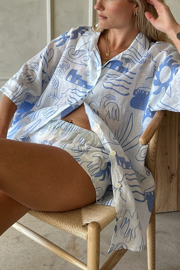 Quiet Beach Linen Blend Printed Oversized Blouse and Elastic Waist Shorts Set