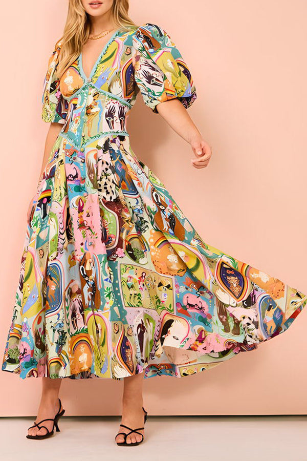 Exquisite Unique Printed V Neck Puff Sleeve Maxi Dress