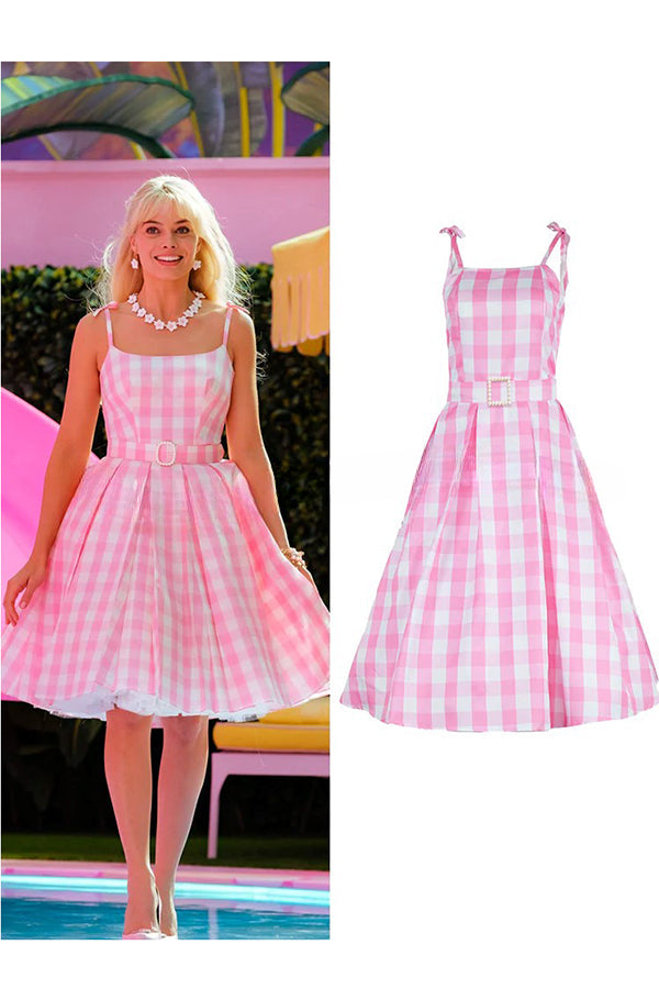 Barbie Pink Plaid Printed Cami Midi Dress