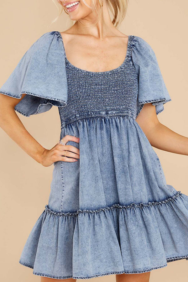 Hello Cutie Pie Denim Smocked Puff Sleeve Mini Dress