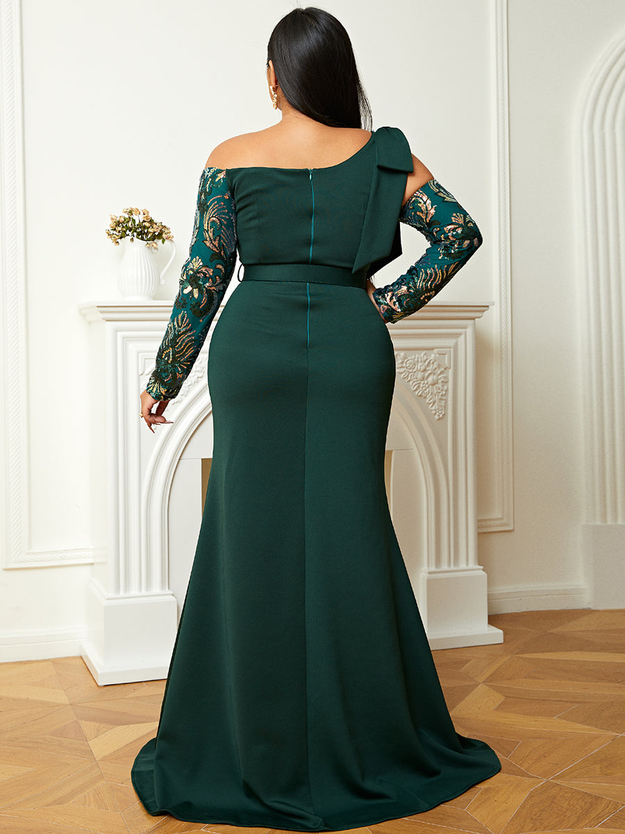 Plus Size Strapless Colorblock Emerald Green Gown PJM019L