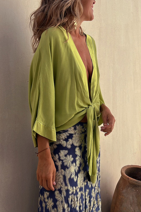 Summer Mood Satin Tie Front Relaxed Blouse