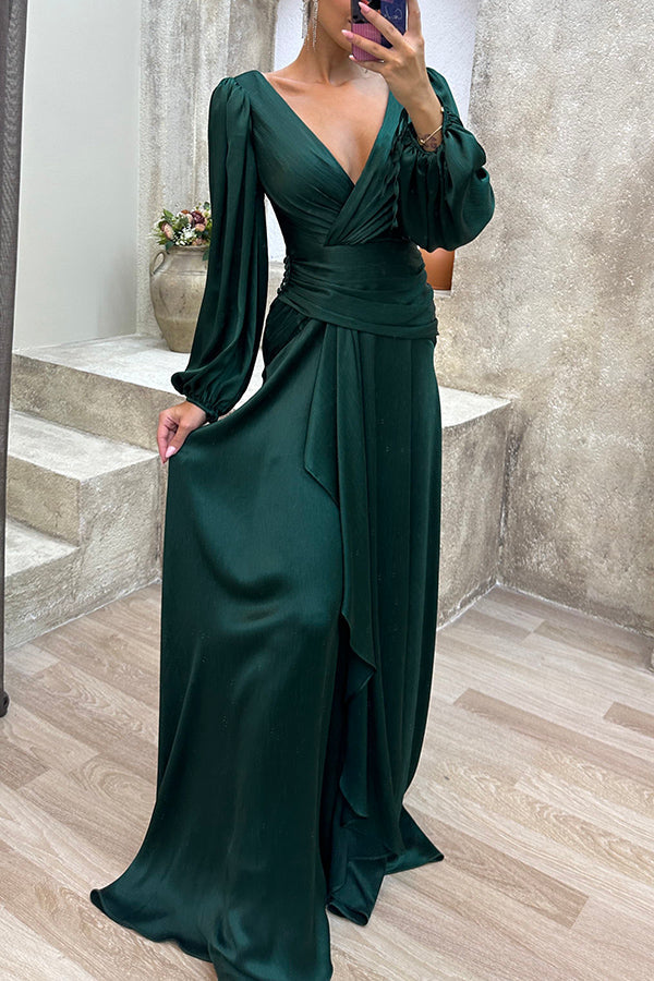 Love Me Tonight Satin Balloon Sleeve Ruffles Evening Maxi Dress