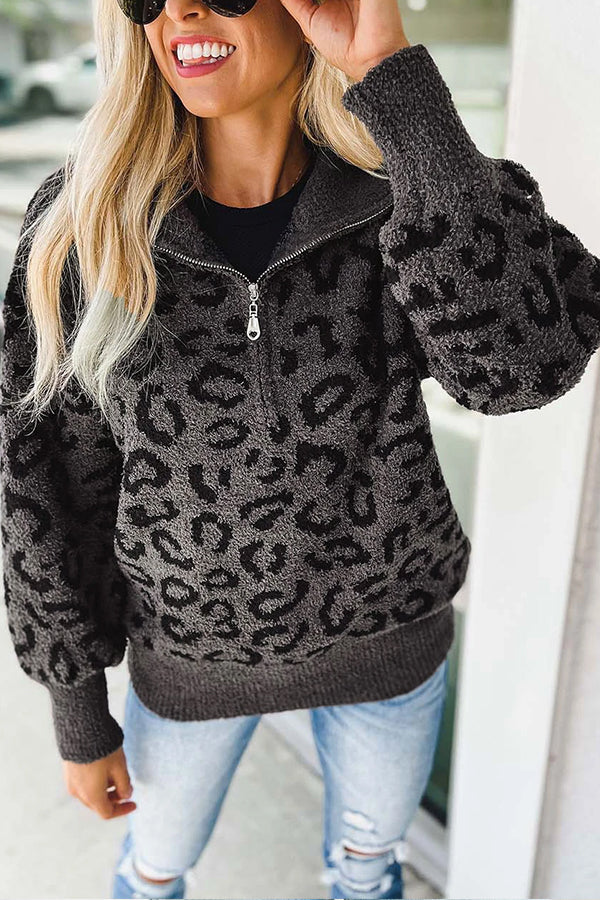 Casual Animal Print Zipped Collared Sweater