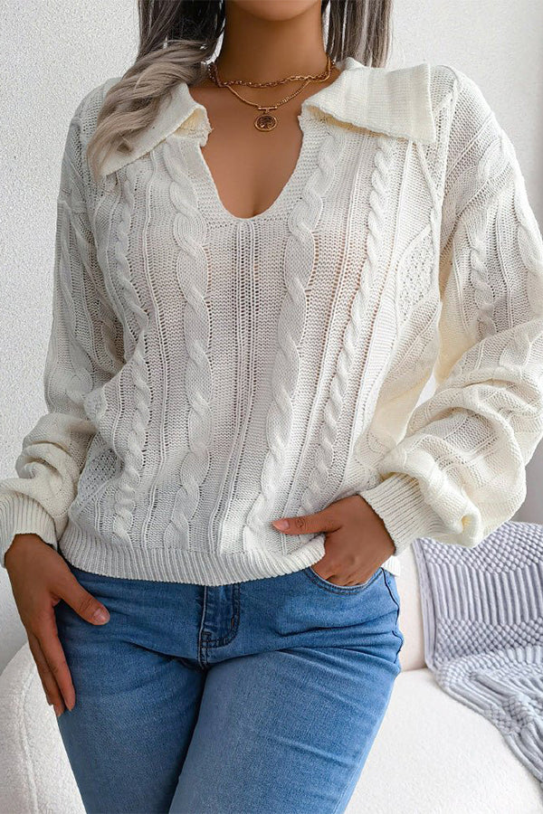 Casual Lapel Twist Long Sleeve Knit Sweater