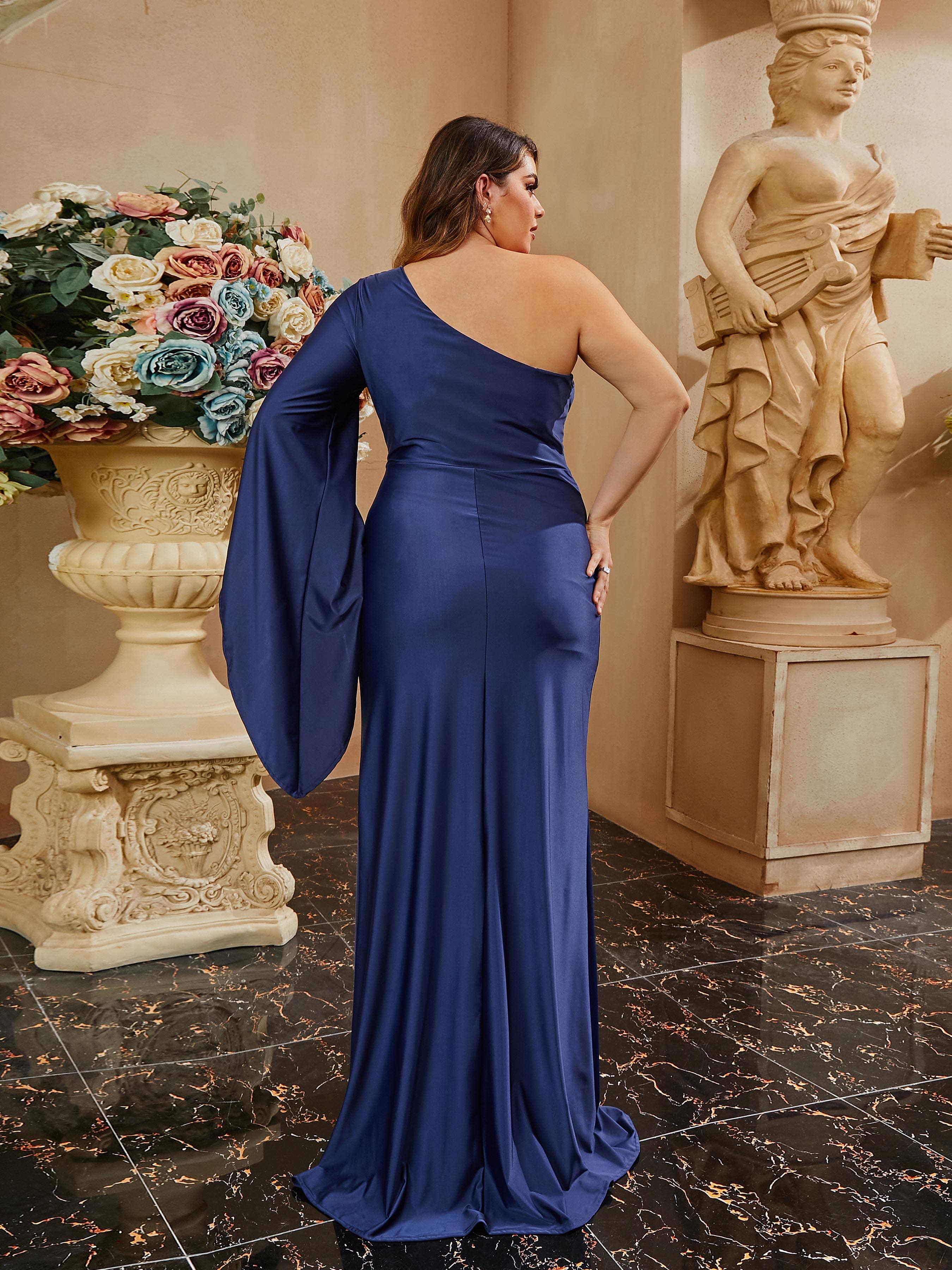 Plus Size One Shoulder Backless Off Shoulder Split Pleated Prom Dress PXH2245