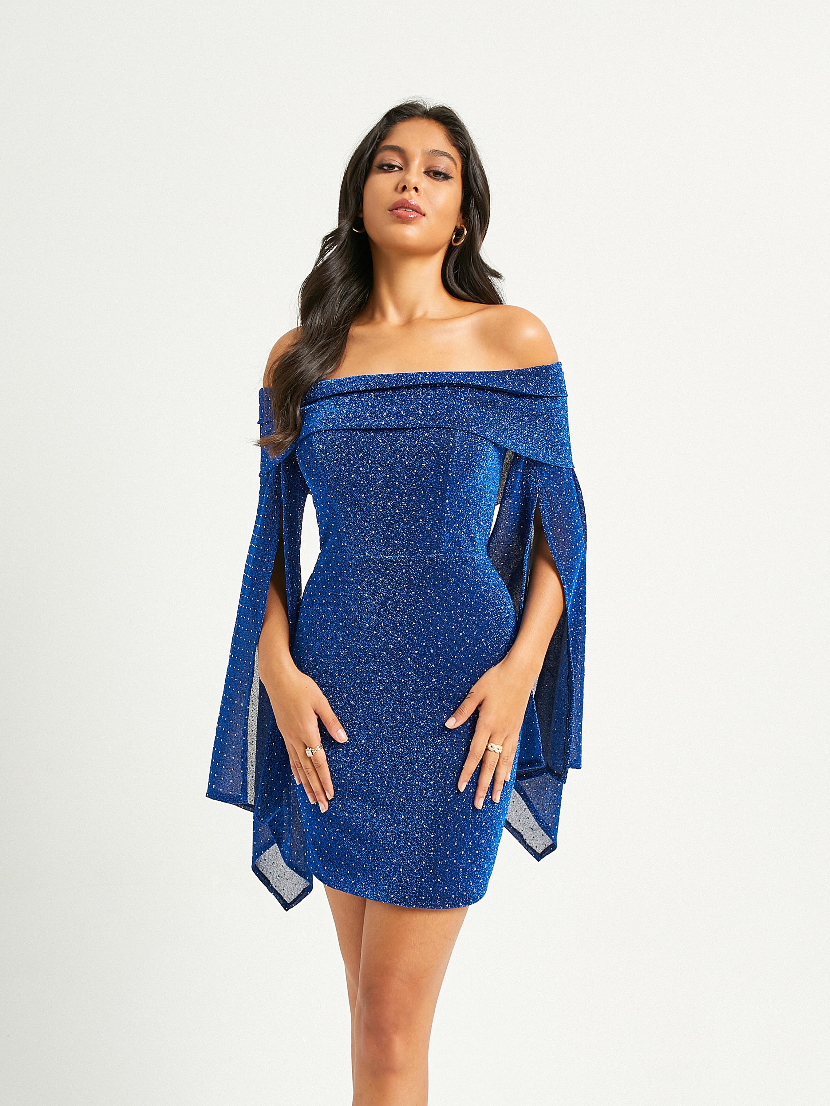 Off Shoulder Glitter Blue Mini Party Dress RHP59