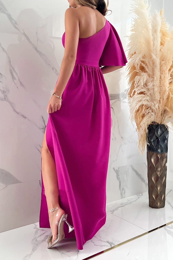 A Point In Time One Shoulder Ruffle Slit Maxi Dress