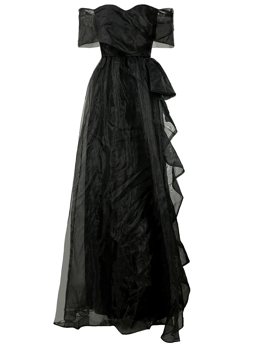 Off Shoulder Maxi Tulle Black Evening Dresses WY52