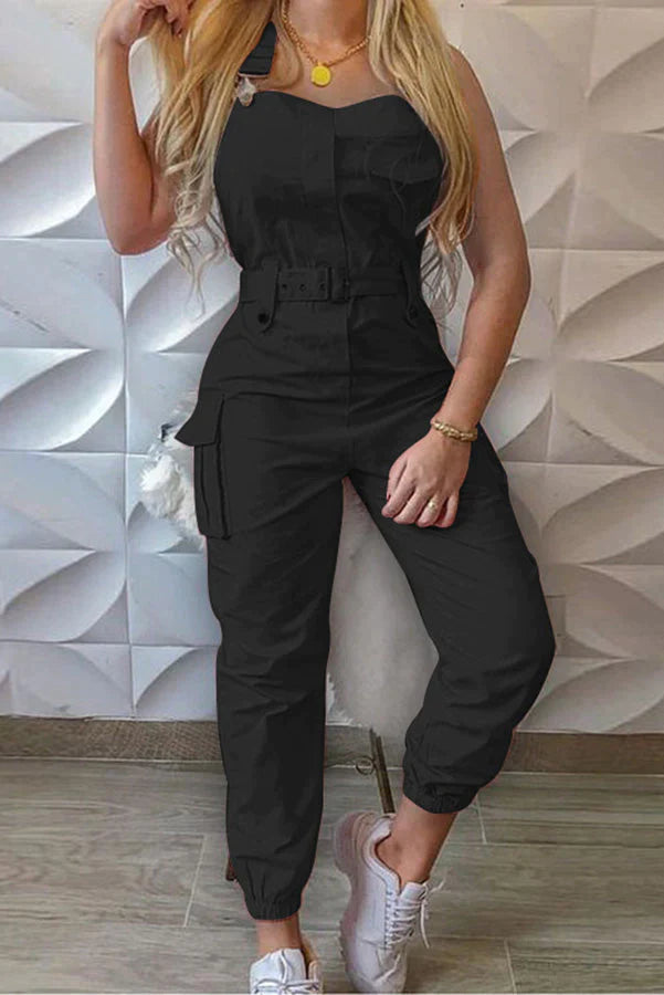 Nastia Pocket Buckle Design Cargo Suspender Jumpsuit