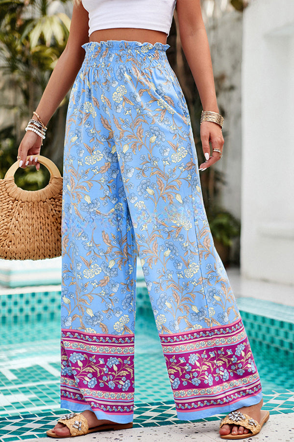 Floral Print Stretch Waist Pocket Wide Leg Pants