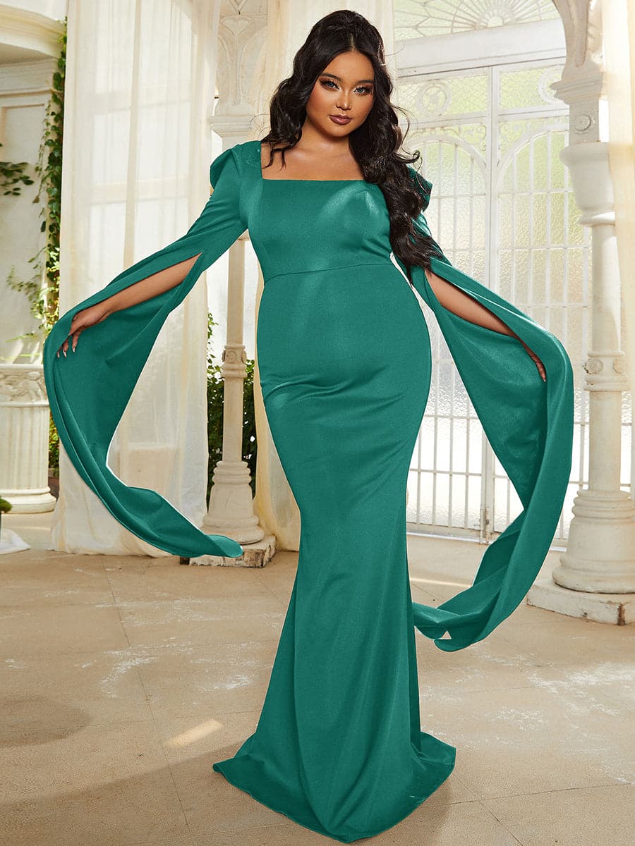 Plus Size Square Neck Slit Sleeves Wine Evening Dress PXJ878