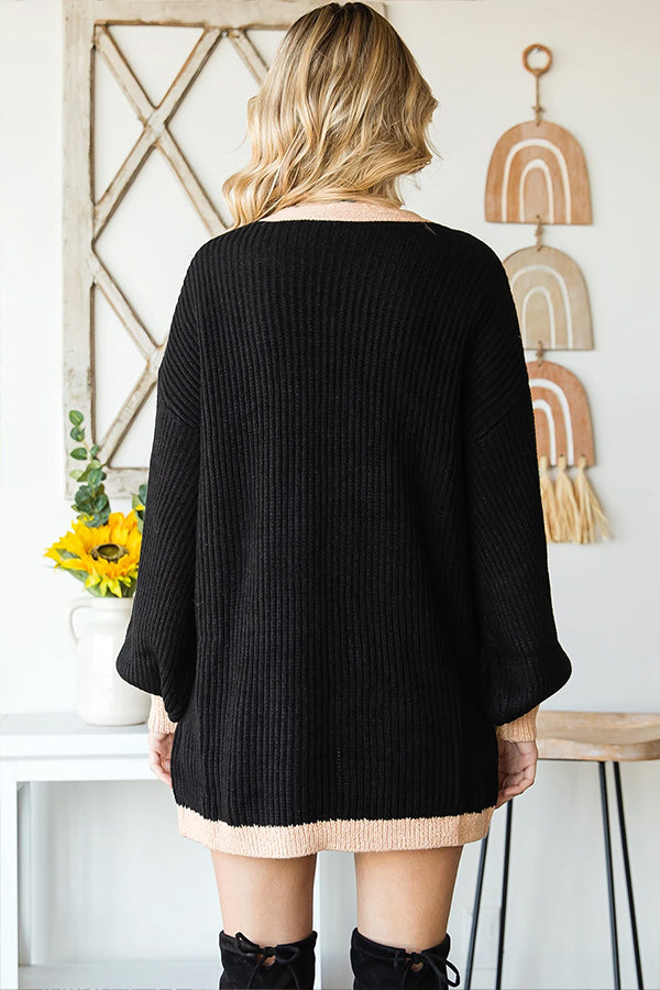 Black Bishop Sleeve Colorblock Open Front Cardigan Sweater