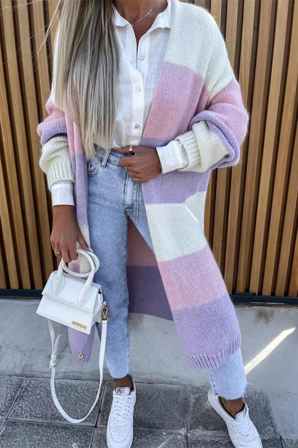 Contrast Long Sleeve Multicolor Striped Cardigans