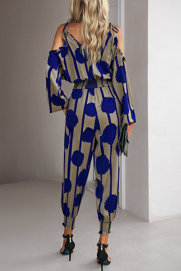 Graphic Print Stretch Waist Tie Long Sleeve Jumpsuit