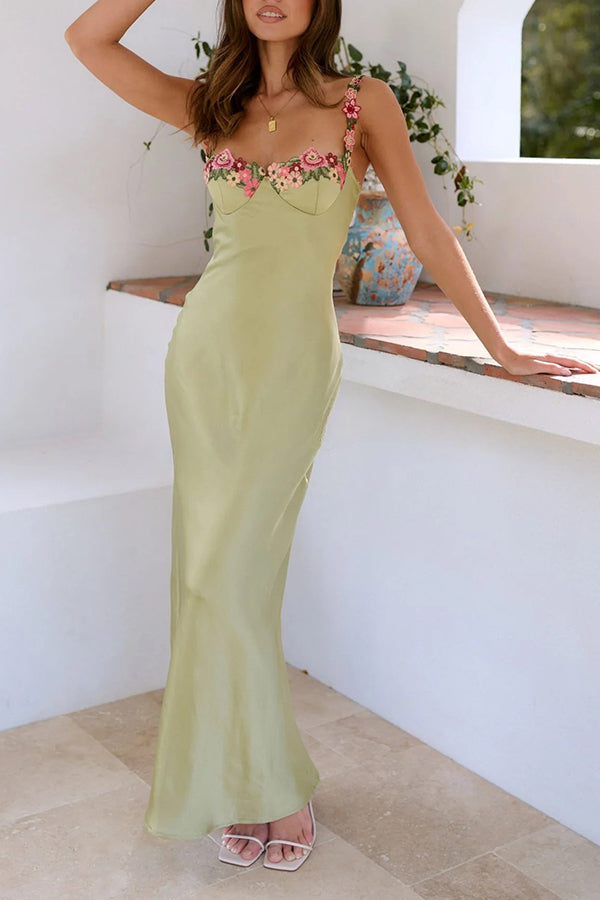 Endless Love Satin Embroidered Flower Trim Strap Maxi Dress