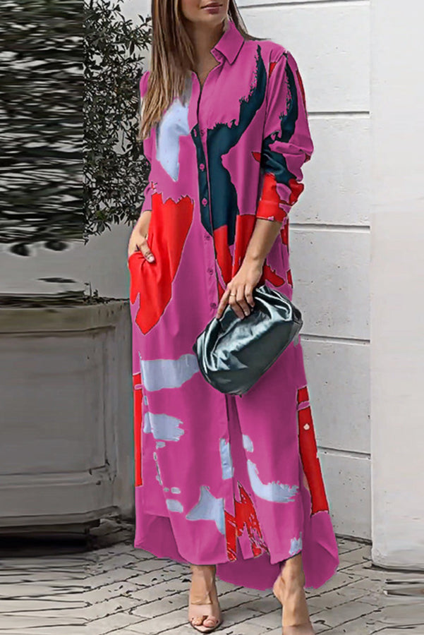 Abstract Art Print Pocket Button Long Sleeve Maxi Dress