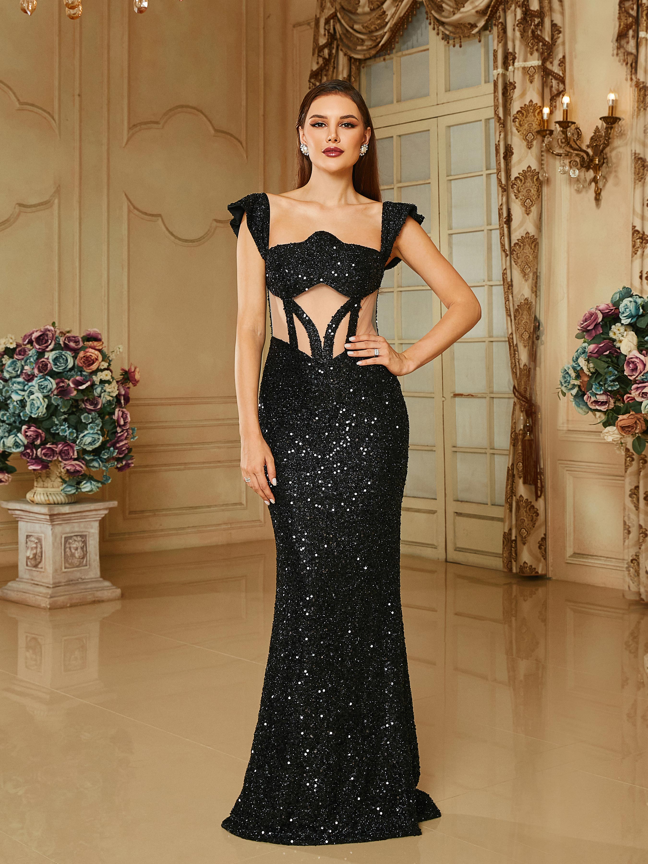 Cutout Ruffle Sequin Mermaid Black Prom Dress RM20665